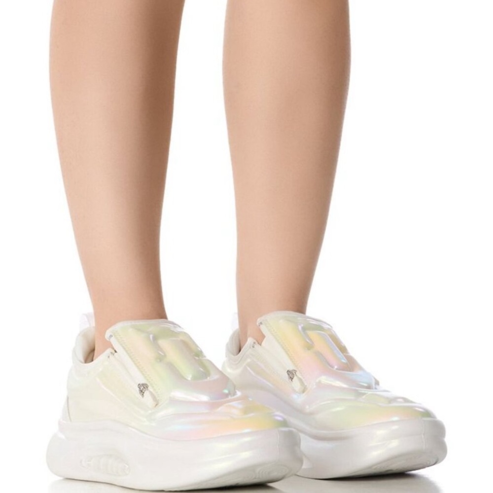 Callie Lives 3006: Holographic White Iridescent Slide On Side Zip Sneaker 8 9 10